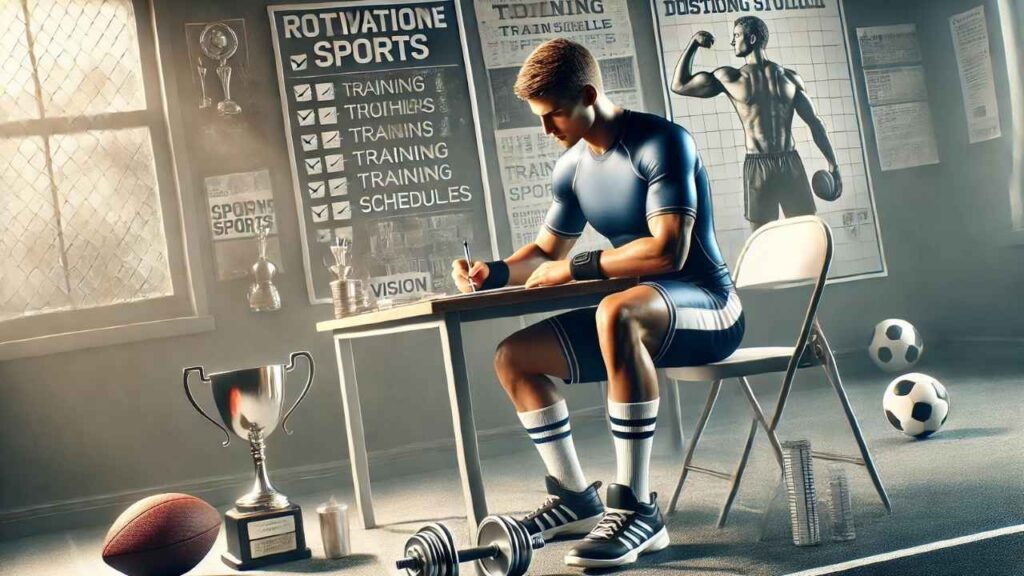 Sportif assis à un bureau, écrivant sur une feuille, dans un environnement inspirant avec des trophées et un tableau de planification.
