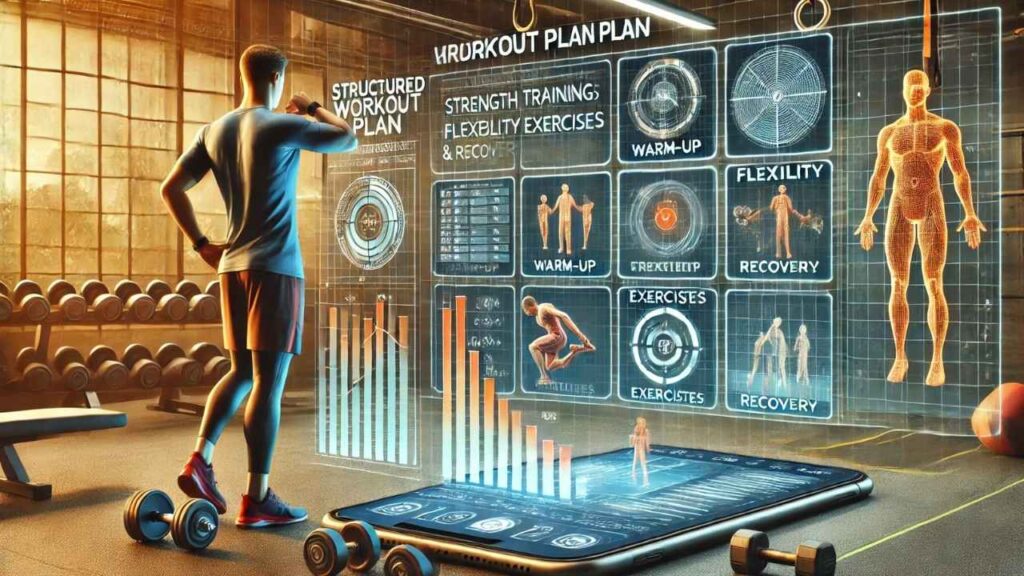 Structuration d'un entraînement, avec un athlète suivant un programme détaillé incluant échauffement, musculation, flexibilité et récupération